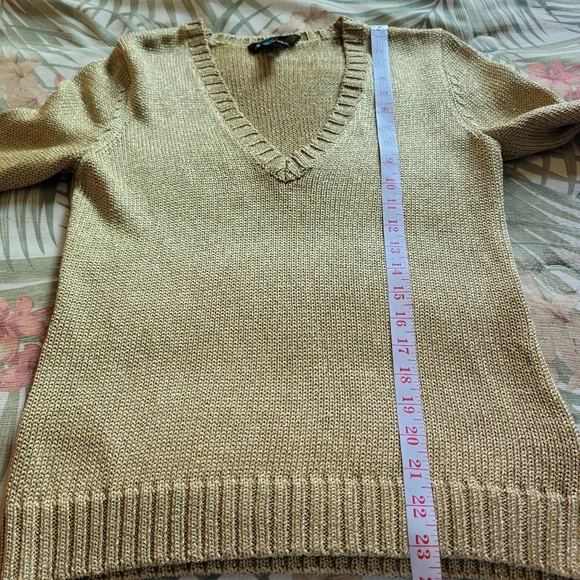 LAUREN Ralph Lauren Gold Metallic V Neck Nautical Sweater 3/4 Sleeve M - Picture 9 of 10